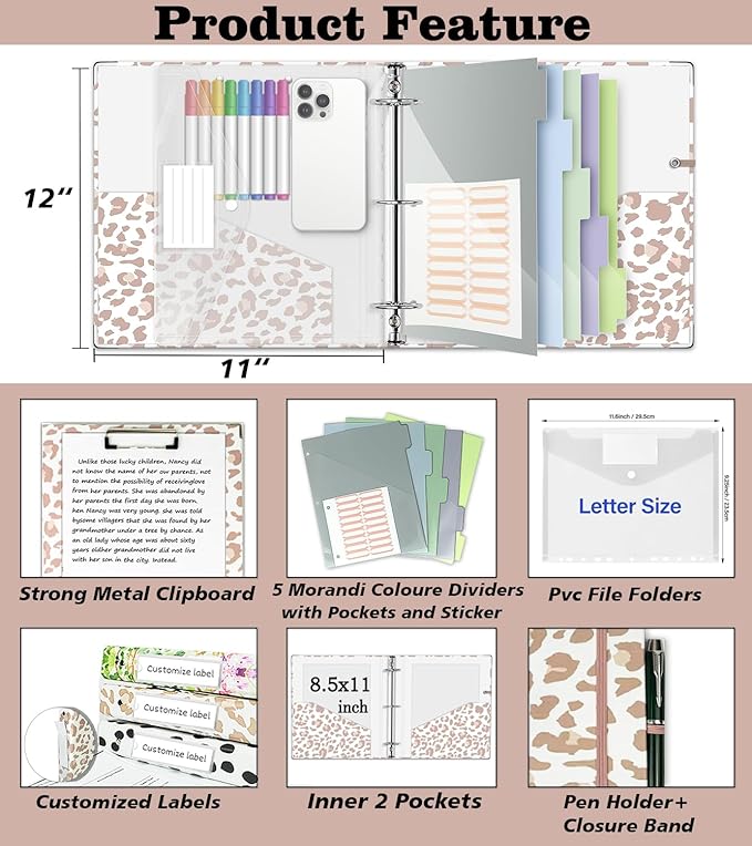 3 Ring Binder 2 Inch for 8.5"x11" Paper, Three Ring Binders with Clipboard, 5 Dividers with Tabs and Pockets, Clear Folder, 18 Divider Stikers, BVSSX Decorative Binder with Pen Holder, Leopard