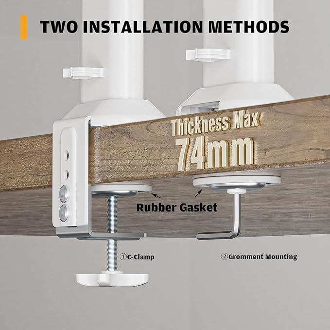 Hemudu Dual Monitor Articulating Desk Mount Arm Stand - Vertical Stack Screen Supports Two 13 to 34 Inch Computer Monitors with C Clamp White