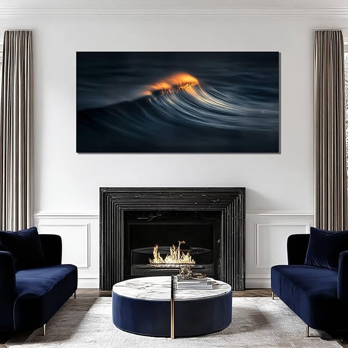 ZENPEE Abstract Wave Canvas Wall Art, 20x40 Inch Ocean Wave Painting in Dark Blue and Orange, Modern Sea Artwork for Living Room Bedroom Office Decor, Ready to Hang