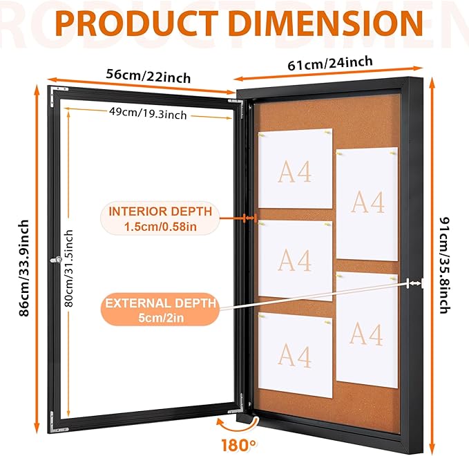 SWANCROWN Outdoor Bulletin Board 36x24in, Enclosed Bulletin Board with Locking Door Wall Display Case for Office School Commerce, Cork, Black Aluminum Frame