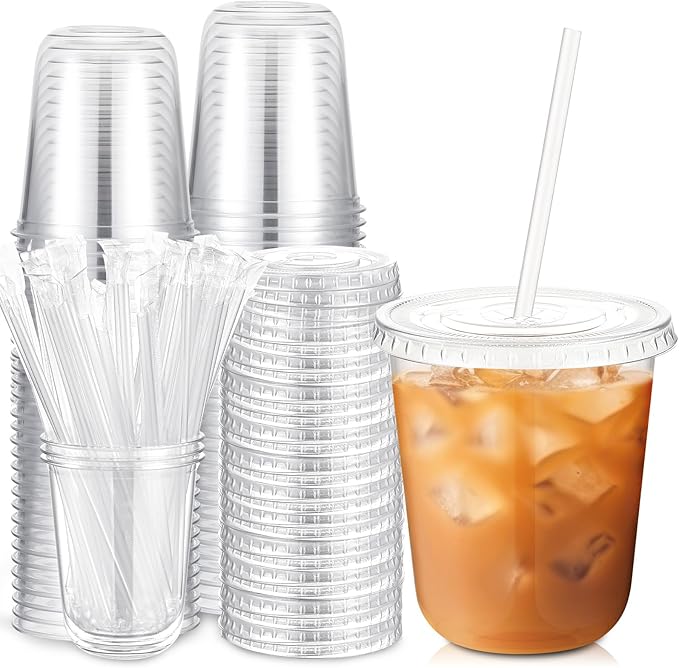 50 Sets Clear Plastic Cups with Lids and Straws, Disposable Iced Coffee Cups Drinking PET for Cold Drinks, Juice, Smoothie, Coffee Shops, Party, Christmas (Clear,14 oz)