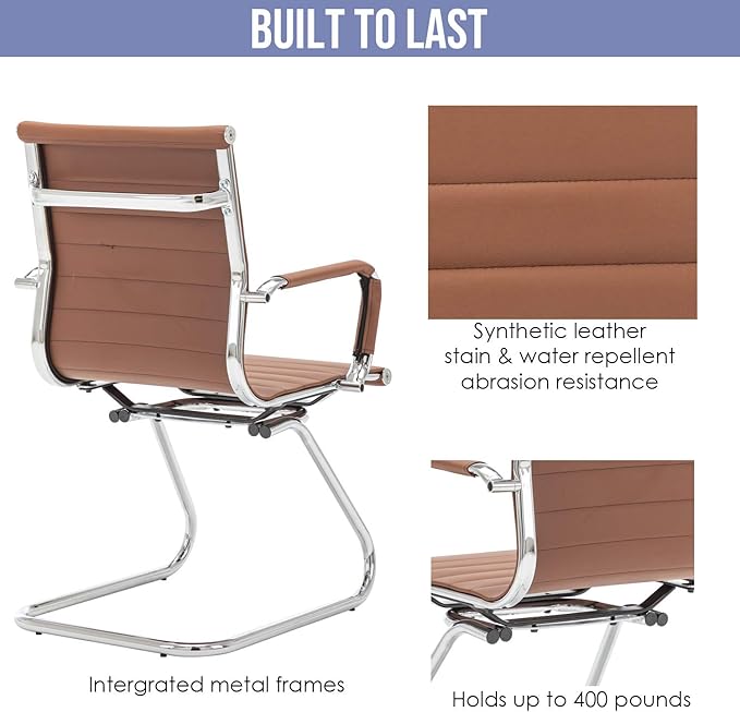 Wahson Office Guest Chairs No Wheels & Reception Chairs, Leather Waiting Room Chair Mid Back Conference Chairs with Sled Base for Meeting/Lobby/Restroom, Coffee (10 Pack)