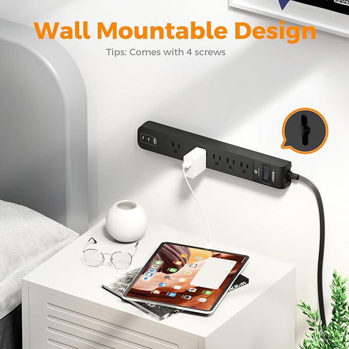 10Ft Surge Protector Power Strip- Addtam Extension Cord with 5 AC Outlets 3 USB Ports(2 USB C), 1875W/15A, Flat Plug, Outlet Extender for Home Office Supplies College Dorm Room Essentials,ETL Listed