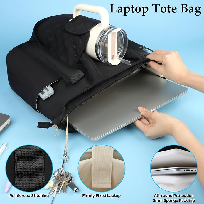 Work Tote Bag for Women with Large Front Cup Holder& 15.6 Inch Laptop Compartment, Lightweight Puffer Laptop Tote Bag with Long& Short Handle for Teacher Nurse Office Supplies Organizer (Black)