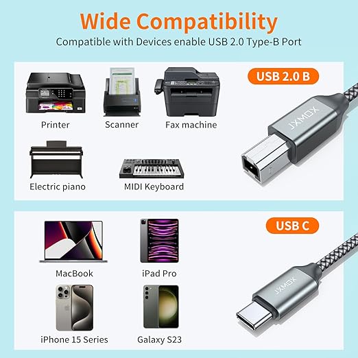 JXMOX USB B to USB C Printer Cable, (6.6ft 2-Pack) Nylon Braided USB B to C Cord, USB C MIDI Cable Compatible with MacBook Pro, HP, Epson, Canon, Brother, Yamaha Piano Keyboard, DAC, DJ Controller