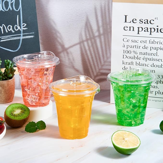 [100 PACK] 12 oz Clear Plastic Cups With Strawless Sip Lids, Disposable Plastic Cups With Sip Through Lids for Ice Coffee, Smoothie, Slurpee, or Any Cold Drinks