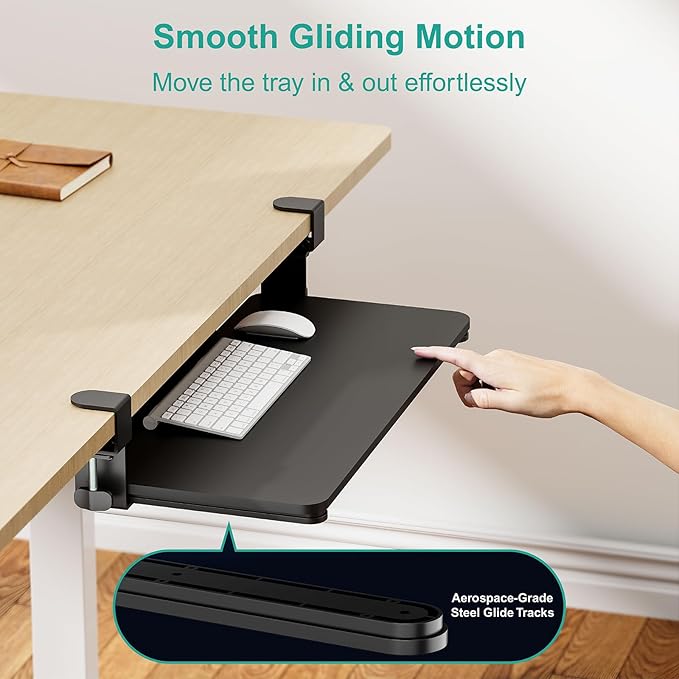 WALI Keyboard Tray Under Desk, Pull-Out Keyboard & Mouse Tray with 45° Adjustable C-Clamp, Ergonomic Platform Computer Drawer for L Shaped & Flat Desk 26.4" x 11.8" (KBT001-B), Black