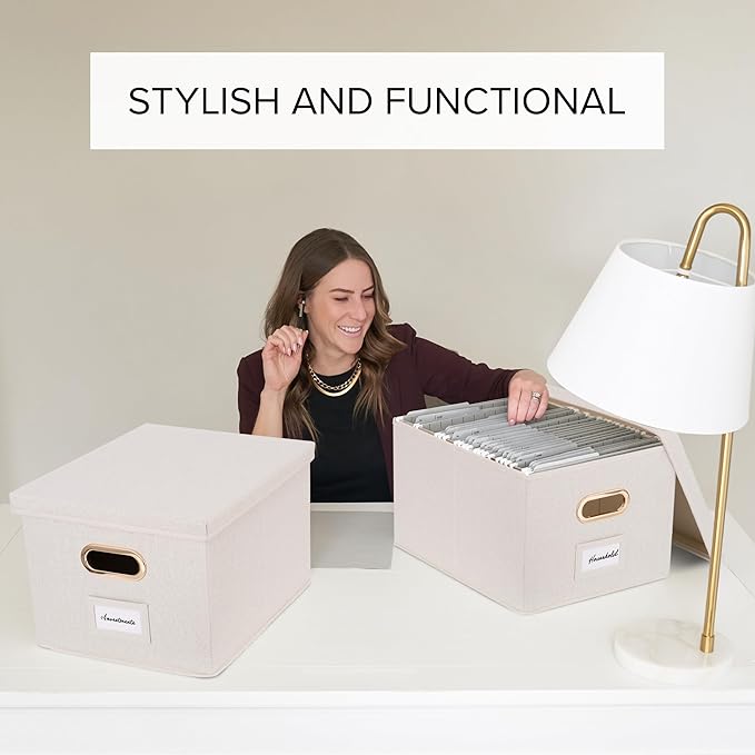 ZICOTO Decorative File Organizer Box Set of 2 - Collapsible Linen Filing Cabinets w/Handles Are Perfect to Store all Your Documents & Hanging File Folders - Portable Easy Slide Crates with Lid