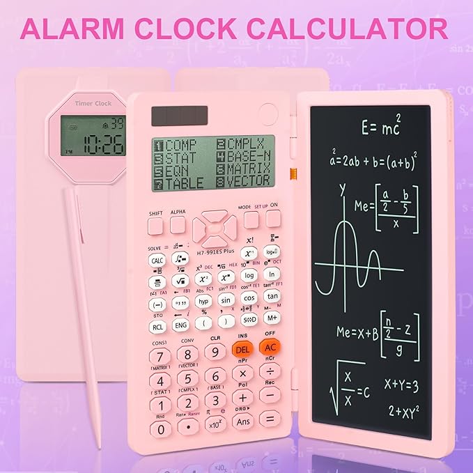 Scientific Calculators, Rudnia Pink Calculator with Alarm Clock, 417 Functions Desktop Calculator Rechargeable, Calculator for School & College Students (Pink)