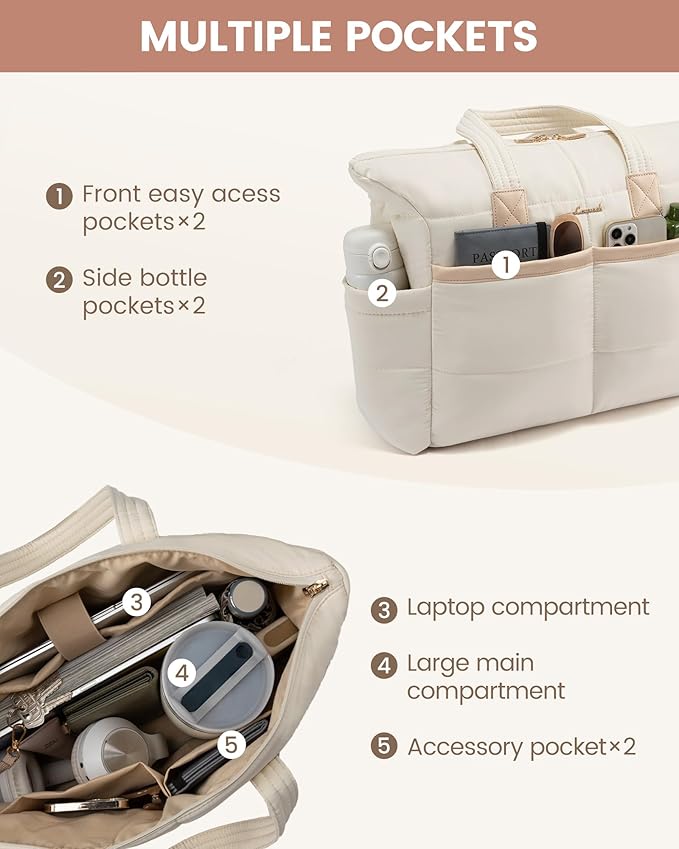 LOVEVOOK Tote Bag for Women,Light Puffer Tote Bag with Multi-pockets,Stylish Carry on Laptop Bags for Daily,Travel,Work,Gym
