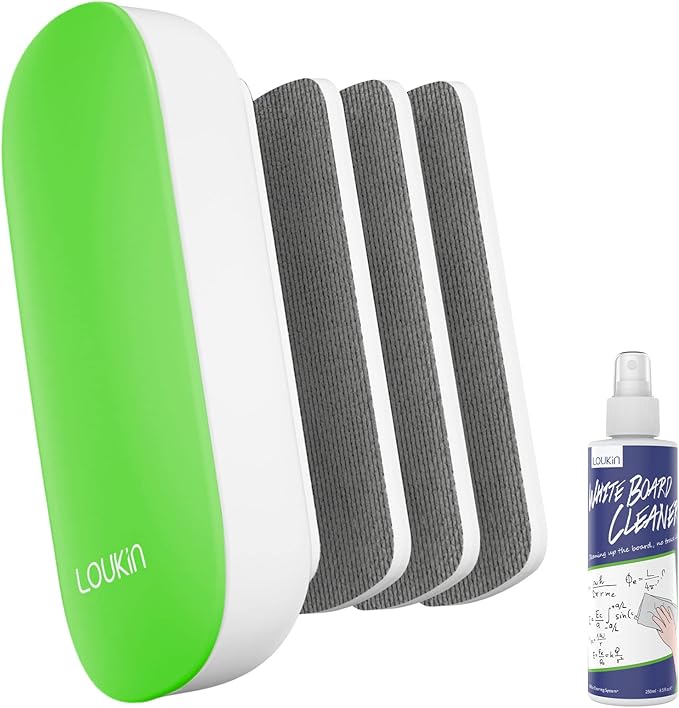 loukin Replaceable Dry Erase Eraser, Magnetic Whiteboard Eraser with 3 Replaceable Felt Pads, 4-in-1 Glass Whiteboard Erasers, 3.4 fl oz Cleaner Included(Green)