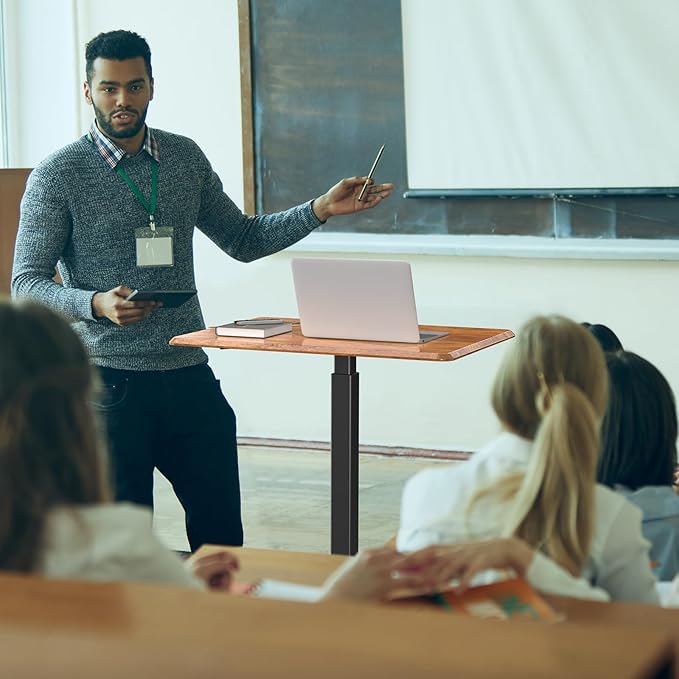 NEWBULIG Rolling Standing Desk Adjustable Height Brown, Mobile Standing Desks with Wheels, Portable Table Medical Rolling Computer Cart, Podium Stand with Metal Frame for Teacher Classroom Laptop