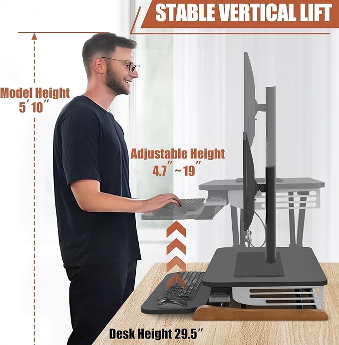 Height Adjustable Standing Desk Converter with Keyboard Tray, 26x16 Inch, Sit to Stand Desk Riser with Elegant Side Cover and Wooden Feet, Compact Monitor and Laptop Riser for Home & Office, Black