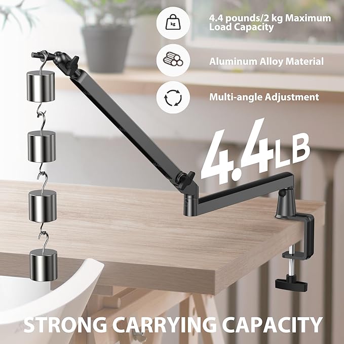 Low Profile Mic Arm 15cm Extra Riser Adjustable Mic Boom Arm Metal Desk Mounted Microphone Stand Cable Management Flexible Microphone Holder for Podcast Streaming Gaming Desktop