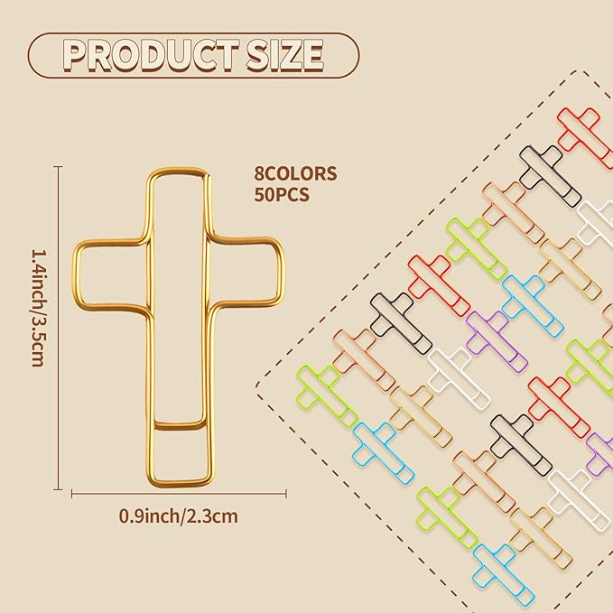 50PCS Bible Paperclips – Cross-Shaped PET Coated Paper Clips, Christian Bookmark for Bible Journaling, Planner, Office Use – Multicolored Cute Faith Gift