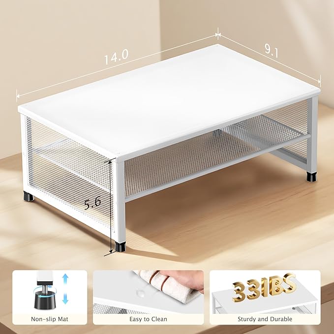 Desk Organizers and Accessories, 2-Tier Metal Computer Monitor Stand Riser, Desk Organizer for Monitor, Printer & Laptop Stand, Desktop Workspace Organizers for Office Supplies(White)