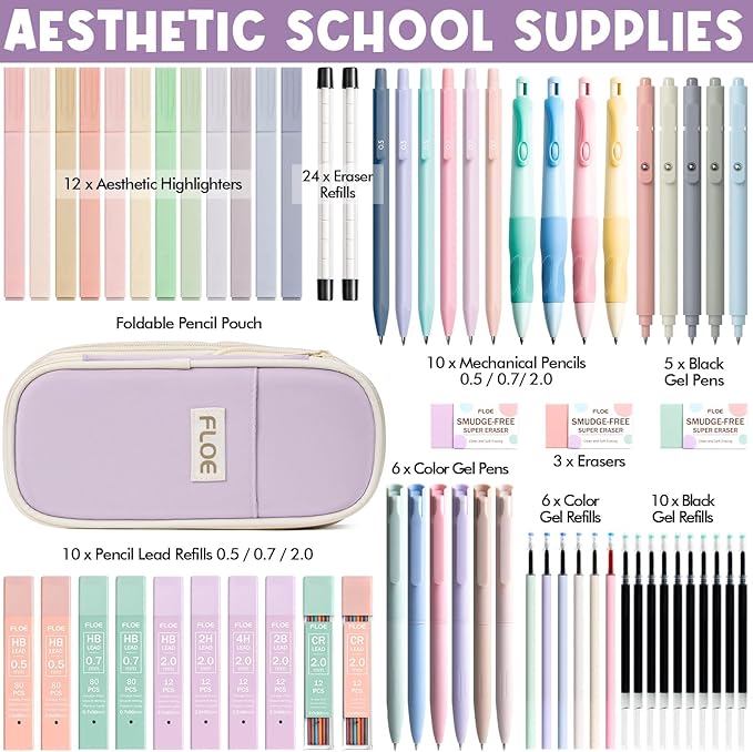 65PCS Aesthetic School Supplies with Cute Pencil Case, Pastel Highlighters Gel Pens Mechanical Pencils Set 0.5 0.7 & 2.0mm, Office Back to School Supplies College Essentials Kit Student Stationary Set