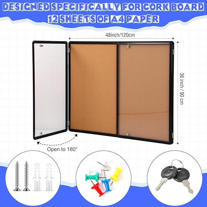 Enclosed Bulletin Board 48" x 36" Weather Resistant Lockable Notice Cork Display Board Wall Mounted 2 Locking Door for School Classroom Commercial Christmas, 12 x A4(Brown, Black Frame)