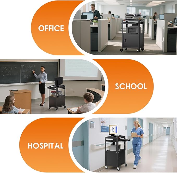 Steel Large AV Cart with Extra Storage - Adjustable Height Cart with Locking Cabinet, Pullout Tray, Power Strip, and Cord Management - Holds 300 lbs and Easy to Assemble (24'' x 18'' x 42'')