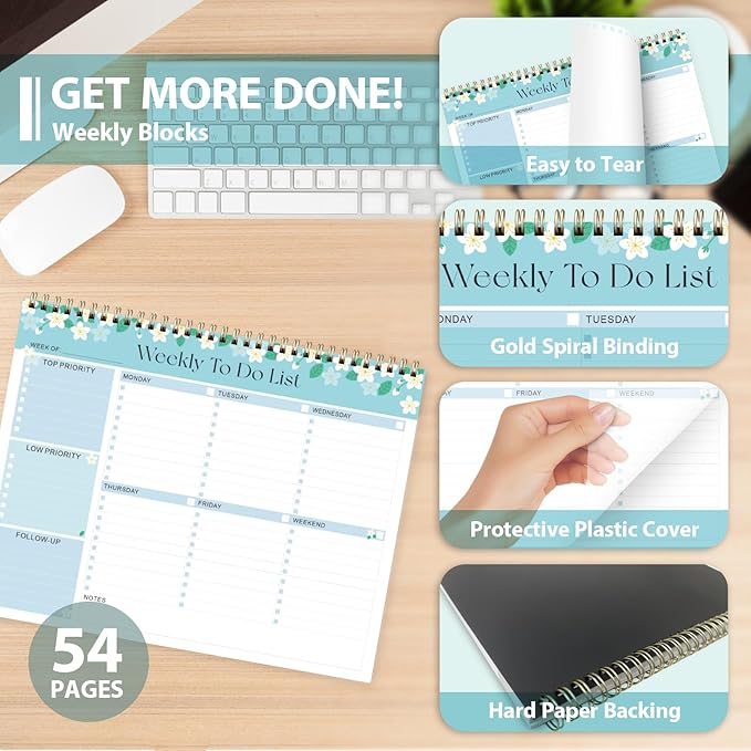 Weekly To Do List Notepad, Undated Planner with 52 Sheets (8.5''x11''), Desk Weekly Planner for Women & Man, Home School & Work (Flower)