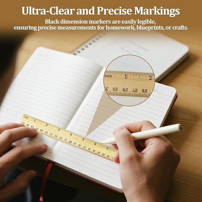 Wooden Ruler 12 Inch Bulk Dual-Sided Inches & Metric Measuring Stick for Classroom, Office, School for Teachers, Students, Artists (10 Pack)