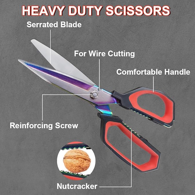 9.5" Multipurpose Heavy Duty Scissors, Titanium Coating Forged Scissors, Comfort Grip, Industrial Shears for Carpet, Wire, Leather, Fabric,Cardboard
