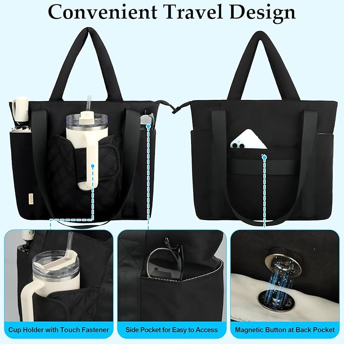 Work Tote Bag for Women with Large Front Cup Holder& 15.6 Inch Laptop Compartment, Lightweight Puffer Laptop Tote Bag with Long& Short Handle for Teacher Nurse Office Supplies Organizer (Black)