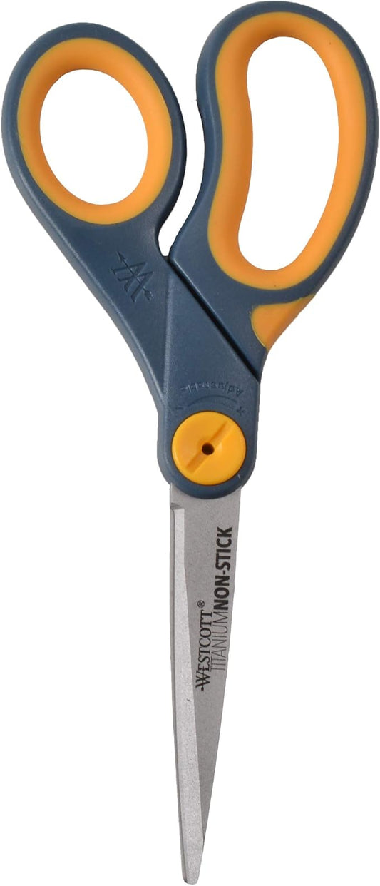 Westcott 8" Straight Titanium Bonded Non-Stick Scissors with Adjustable Glide Feature, Grey/Yellow (14849)