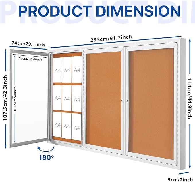 SWANCROWN Enclosed Bulletin Board 94x48in, Outdoor Bulletin Board Weatherproof for Office School Commerce, Cork, Sliver Aluminum Frame