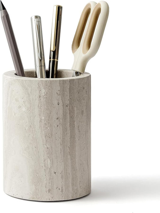 WORHE Natural Marble Pen Holder for Desk, Handcrafted Sturdy Desk Organizer with Anti-Slip Base 3.1” x 4.3” – Unique Stone Craft for Office Supplies, Makeup Brushes & Home Decor Grey (WH077)
