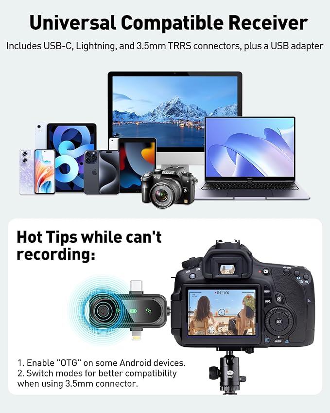 Wireless Lavalier Microphone for iPhone, Android, USB C, PC, Camera Video Recording 4 in 1 Clip-on Mics with Rotatable Clip&Denoise Recording, for Vlog Tiktok YouTube Podcast Content Creator