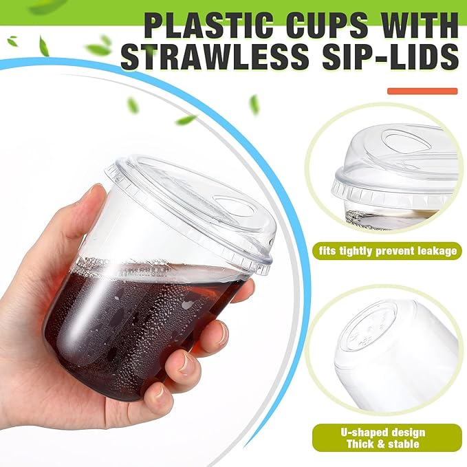 50 Sets Clear Plastic Coffee Cups with Sip Lids, Disposable Plastic PET Crystal Cups for Iced Coffee, Smoothie, Cold Beverage, Drink Shops and Party Catering(Clear,14 oz)
