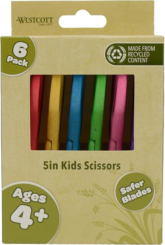 Westcott 5" KleenEarth Scissors 6-Pack, for Kids Ages 4+, Eco-Friendly Recycled Scissors for School and Craft Projects