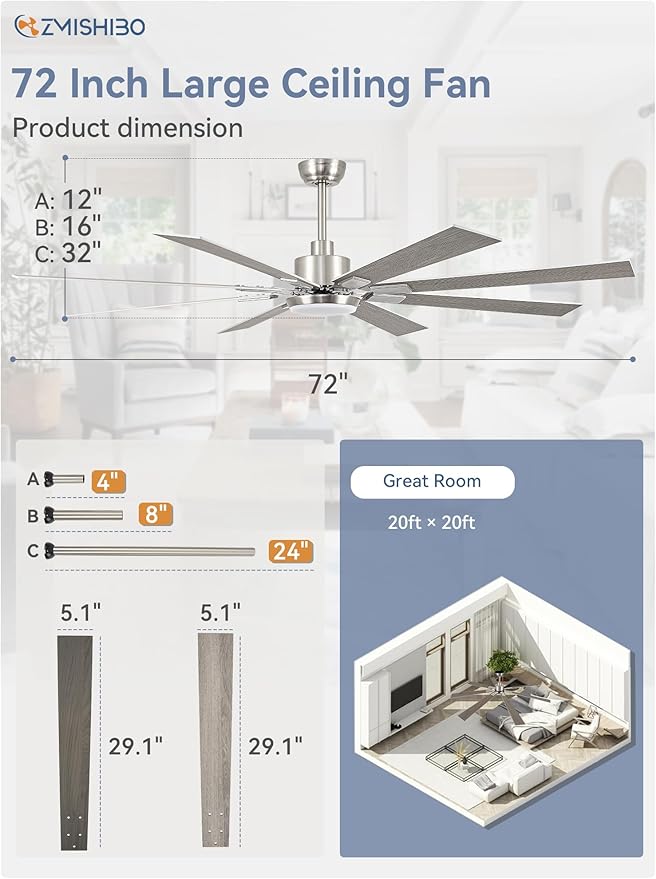 ZMISHIBO 72 inch Brushed Nickel Modern Ceiling Fans with Lights and Remote, Indoor/Outdoor Ceiling Fan for Living Room Patio, 6 Speed Reversible Quiet DC Motor, 3 CCT, Dual Finish Blades
