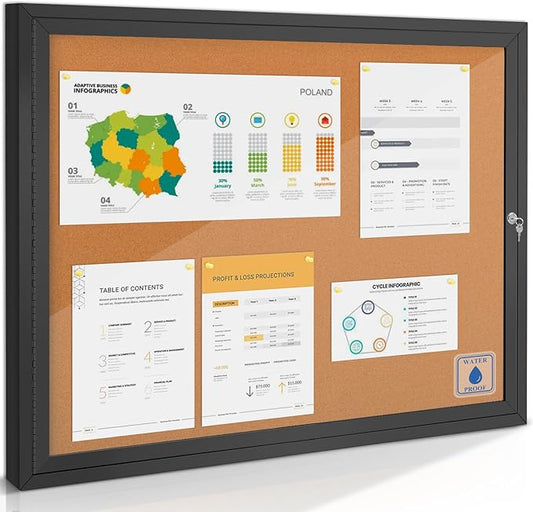 SWANCROWN Outdoor Bulletin Board 37x28in, Enclosed Bulletin Board with Locking Door Wall Display Case for Office School Commerce, Cork, Black Aluminum Frame (8xA4)