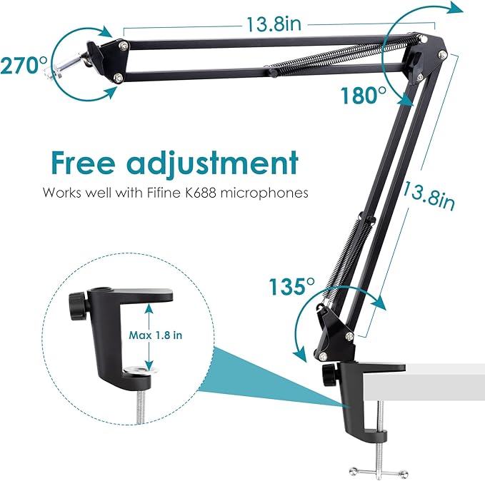 YOUSHARES Microphone Boom Arm Stand for FIFINE K688, AM8, A6T, T669, Shure SM7B/MV7+/MV6, Adjustable Scissor Arm with Cable Management