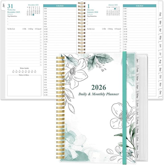 2026 Daily & Monthly Planner - One Page Per Day, Daily Planner from January 2026 - December 2026, Planner 2026 with 12 Monthly Tabs, 8.5" x 11", Teal Flower
