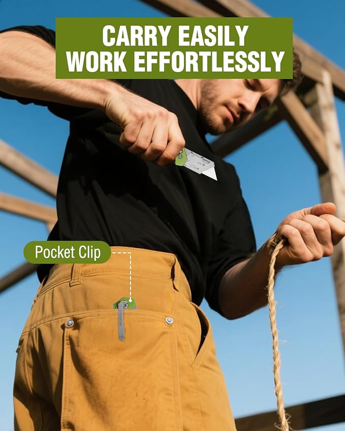 WORKPRO Box Cutter, Utility Knife Quick Change Blade Razor Knife, Folding Pocket Knife with Belt Clip and Axis Lock, 10 Extra Blades Included, Green