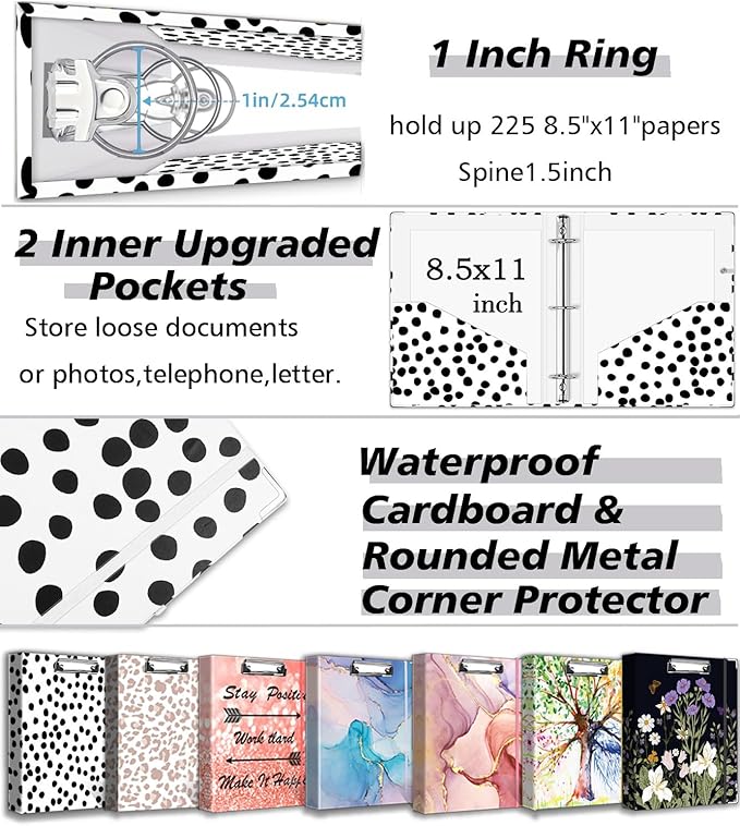 3 Ring Binder Organizer, 1 Inch Three Ring Binders with Clipboard, 5-Tabs Pockets Dividers, Transparent Plastic Folder, Pen Loop, 18 Divider Stikers, BVSSX Decorative Binder, Polka Dot, Letter Size