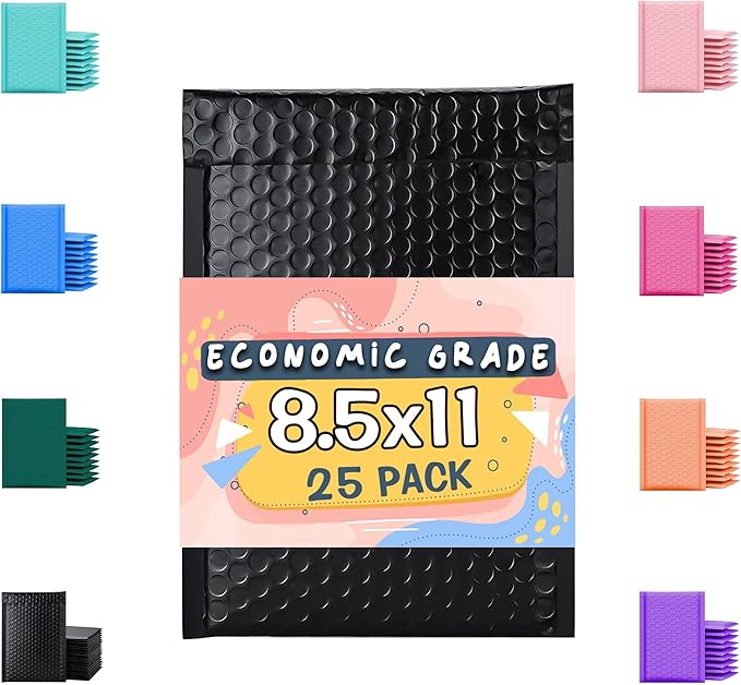 Economic Grade Bubble Mailers 8.5x12 25 Pack Black Waterproof Self Seal Adhesive Shipping Bags, Cushioning Padded Envelopes for Shipping, Mailing, Packaging Usable 8.5x11