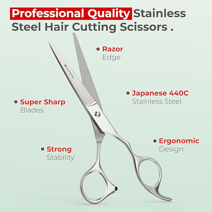 Suvorna Hair Cutting Scissors - 6" Stainless Steel Barber Scissors for Hair Cutting and Trimming - Razor Sharp Hair Scissors Professional for Hairdressers & Barbers - Hair Shears for Women and Men