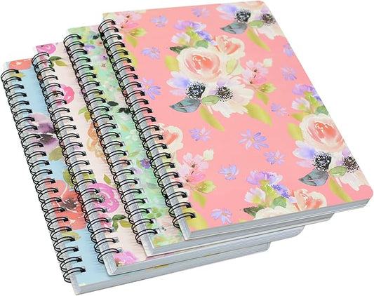 Yansanido Spiral Notebook, 4 Pcs A5 Thick Flower Design Hardcover 8mm Ruled 4 Color 80 Sheets -160 Pages Journals for Study and Notes (flower)