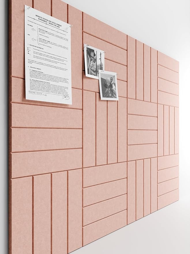 Bumusty Large Cork Board Alternative-47 x35 Felt Bulletin Board Tiles, with 30 Pushpins, 70 Adhesive Tabs, 12-Pack Slat Wall Paneling, Cork Boards for Office Push Pin Board Felt Board-Pink