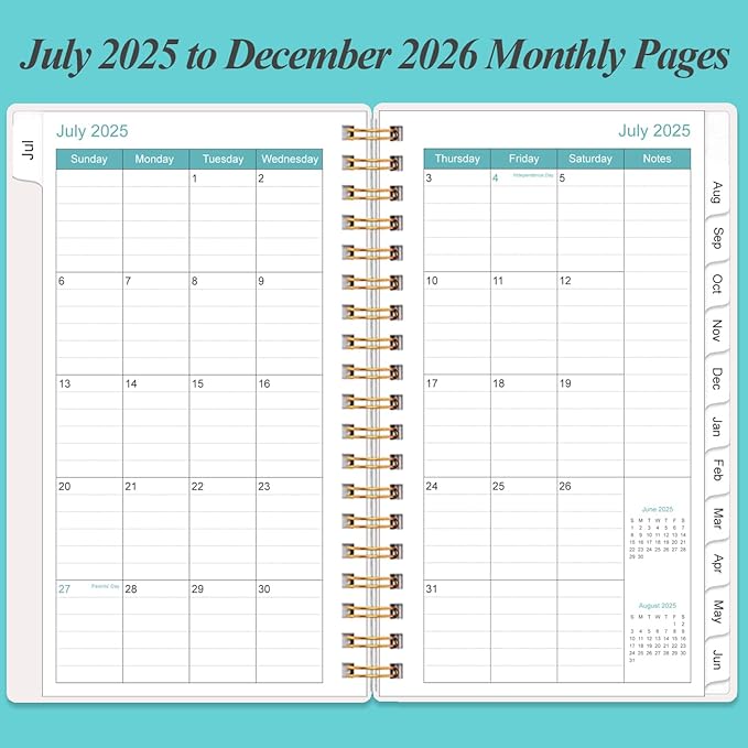 2025-2026 Monthly Planner - October 2025 - December 2026, Two Pages Per Month, 18 Monthly Calendar/Planner with Tabs, Strong Twin-Wire Binding, Inner Pocket, 3.75" x 6.5", Teal Flower