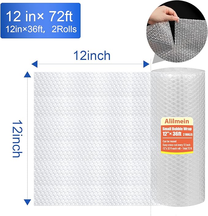 12 inch x 72ft - 2 Pack Total Small Thin Bubble Cushioning Wrap for Extra Protection Packaging Mailers, Nylon Wrap Rolls Moving Cushioning Supplies for Moving & Shipping, Perforated Every 12”