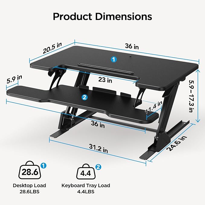 HUANUO 36" Z Shaped Stable Standing Desk Converter, Height Adjustable Sit Stand Up Desk Riser, Dual Monitor and Laptop Workstation with Wide Keyboard Tray, Desk Lifter for Home Office