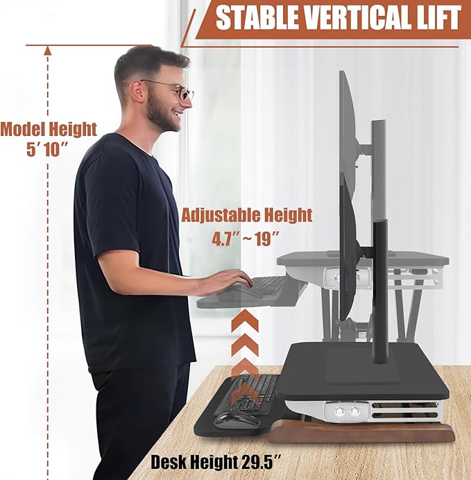 Electric Standing Desk Converter with Keyboard Tray, 26x16 Inch, Height Adjustable Sit to Stand Desk Riser with Unique Side Cover and Wooden Feet, Small Motorized Monitor Riser for Office & Home
