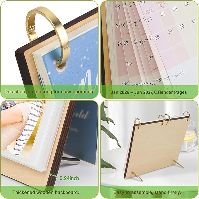 ZEEYUAN 4x6 Desktop Flip Photo Album and 2026 Desk Calendar, Small Desk Calendar Jan 2026-Jun 2027 with Notepads, 4x6 Flip Photo Album on Standing 40 Pockets