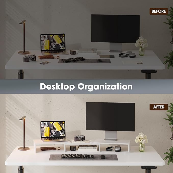 FITUEYES Dual Monitor Stand – 3 Shelf Computer Monitor Riser, Wood Desktop Stand with Adjustable Length and Angle, Desk Accessories, Office Supplies Medium White, DT108008WW