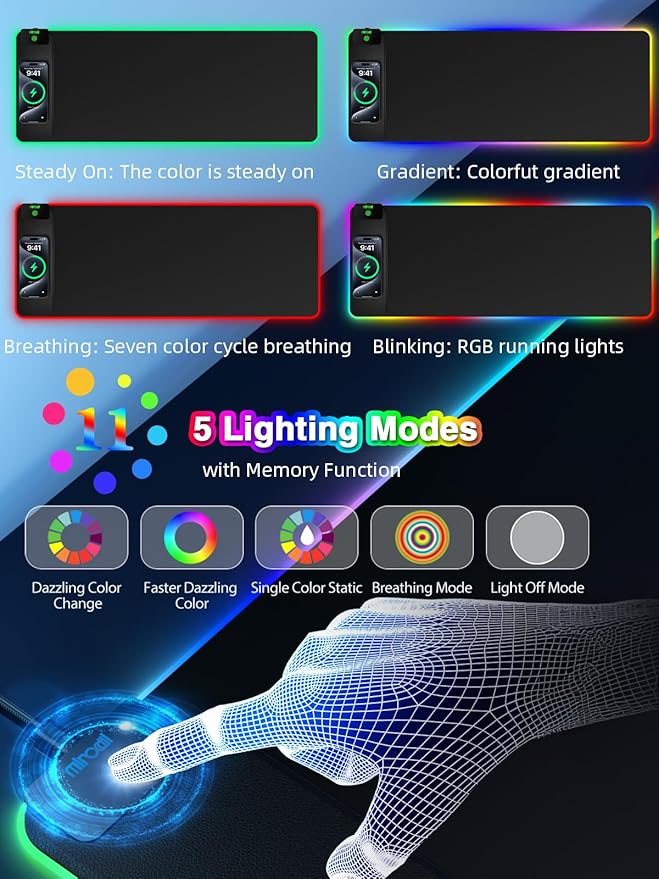 Wireless Charging Mouse Pad, 31.5"x11.81" XL Gaming Mousepad with 11 RGB Colors & 5 Lighting Modes, Home Office Large Desk Pad, Ultra-Smooth Surface, Non-Slip, Waterproof Keyboard Pad Black Desk Mat